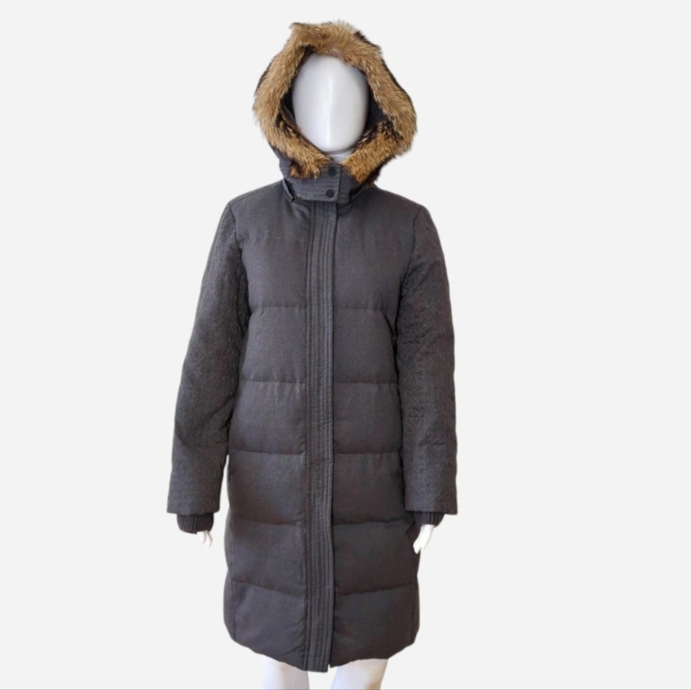Tory Burch Sasha grey long puffer down parka coat With Brown Fur